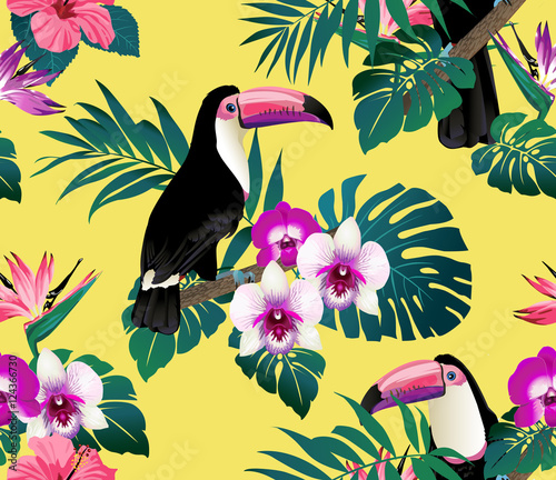 Fototapeta Naklejka Na Ścianę i Meble -  Tropical birds, orchids  and palm leaves seamless background. Vector.