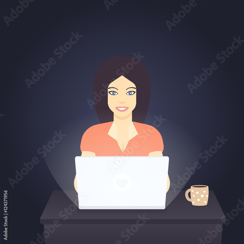 freelancer working at laptop in dark room, vector illustration