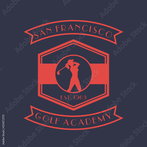 Golf academy vintage logo, badge, emblem with girl golfer, female golf player swinging club