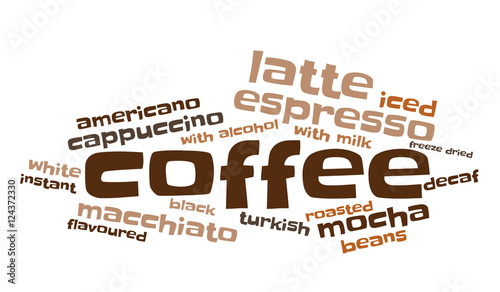 Stylish coffee word cloud on gradient background. Drink concept. Vector.