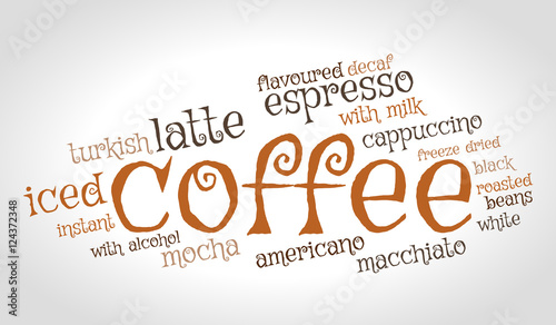 Stylish coffee word cloud on gradient background. Drink concept.