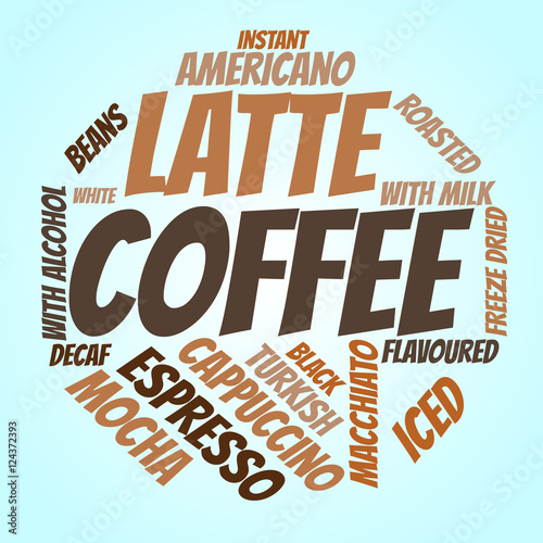 Coffee word cloud on gradient blue background. Drink concept.