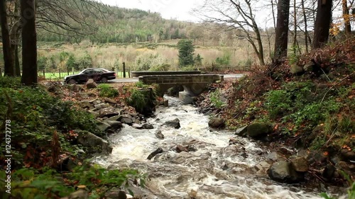 Beautiful mountain river and wood bridge in national park