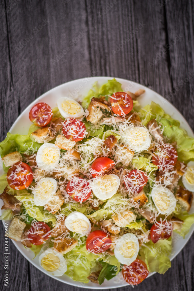 Healthy Grilled Chicken Caesar Salad with Cheese and Croutons