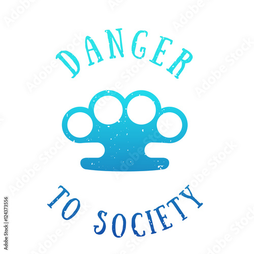 t-shirt print with brass knuckles, danger to society, blue on white