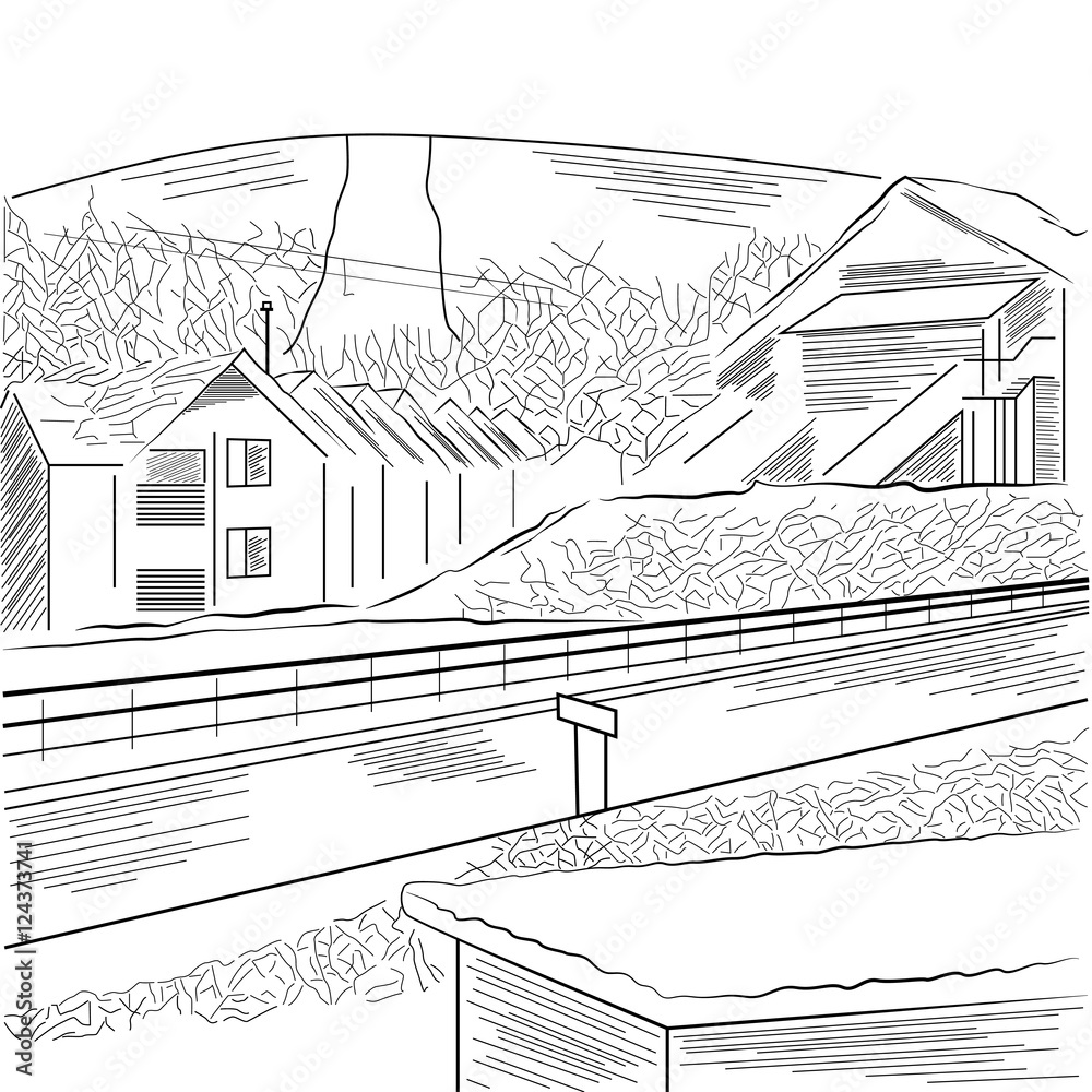 Countryside with the mountain, houses and road. Hand drawn vector. EPS.