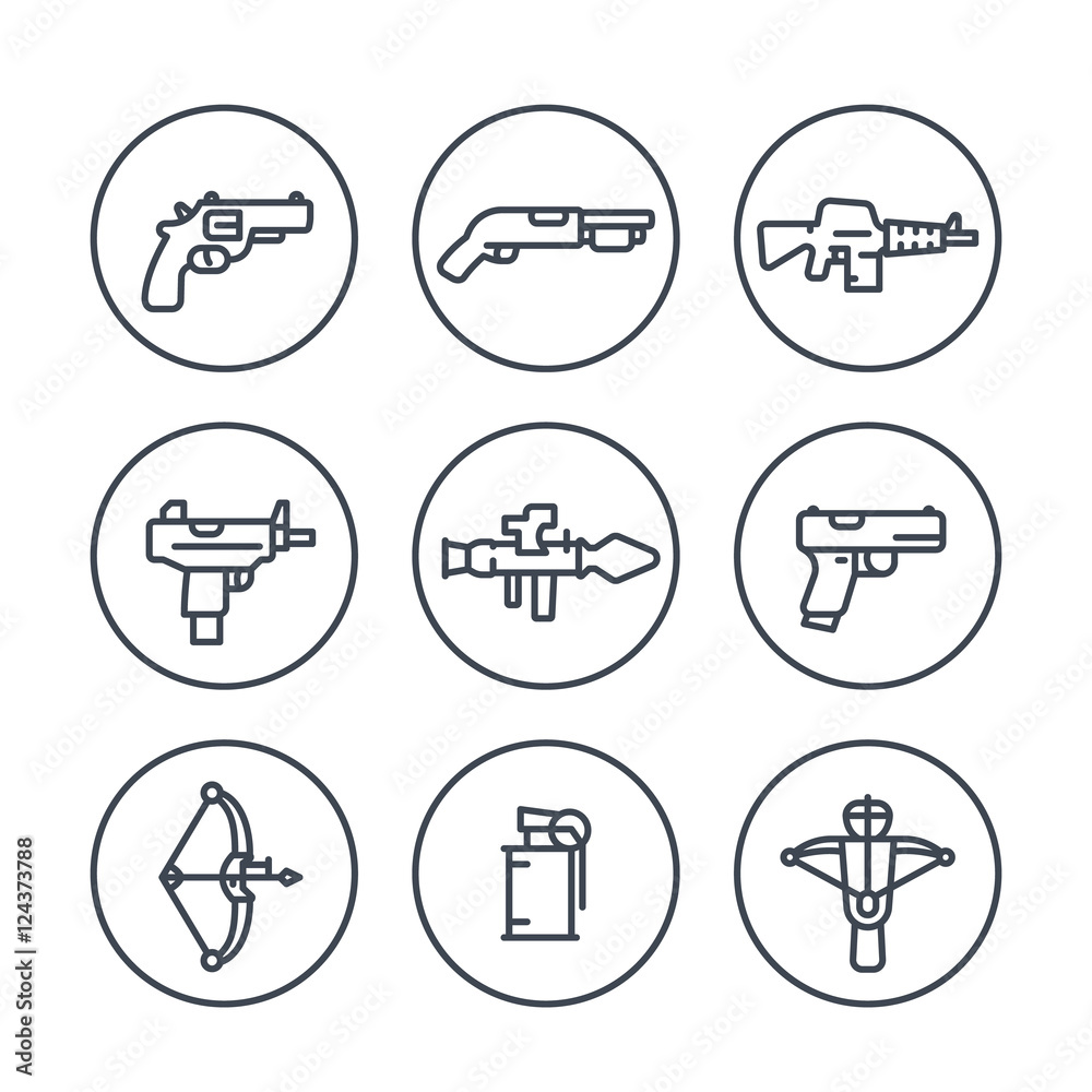 weapons line icons in circles, pistol, submachine gun, assault rifle, revolver, shotgun, grenade, rocket launcher, firearm, explosive weapons line icons in circles, pistol, submachine gun, assault rifle, revolver, shotgun, grenade, rocket launcher, firearm, explosive