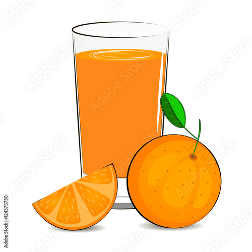 Vector illustration of glass with orange juice and oranges