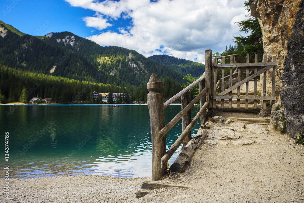 Walking path around Braies Lake (Lago Di Braies, Pragser Wildsee) in Northern Italy