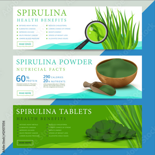 Set of spirulina algae information website or social media banne photo