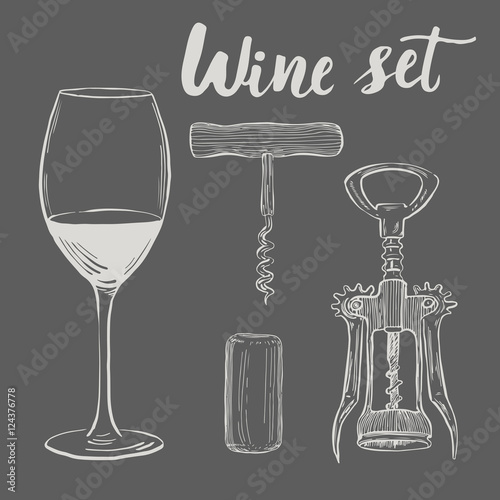 Wine,glass, cork, corkscrew. set in ihand drawn style.