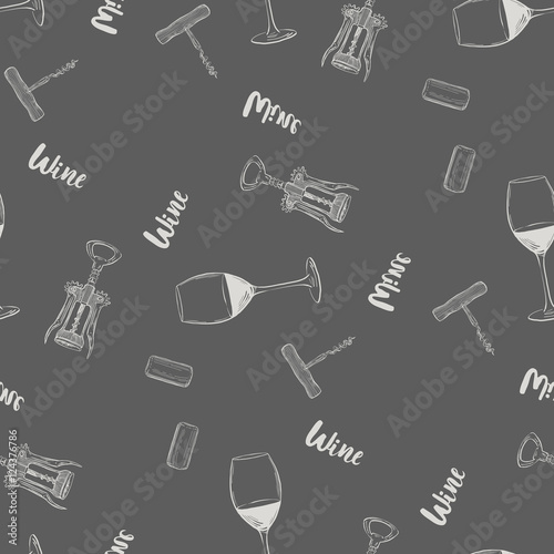 Wine,glass, cork, corkscrew. set in ihand drawn style.