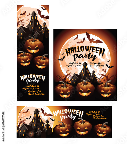 
Halloween party background set with pumpkins, full moon and haunted house.