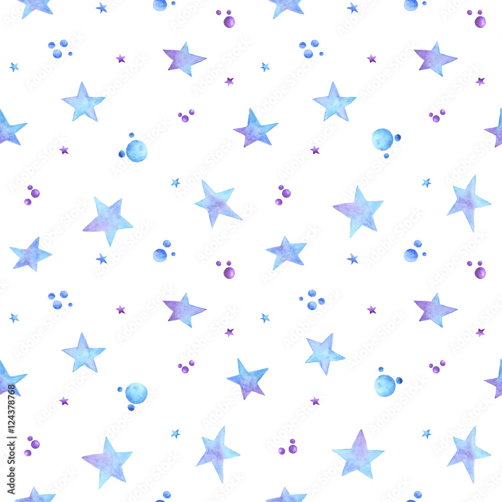 Seamless pattern with blue watercolor stars