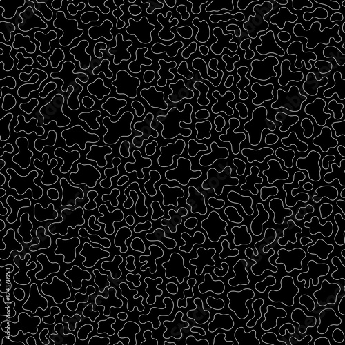 Vector monochrome seamless pattern, white contour wavy lines on black. Abstract endless ornamental texture, camouflage background, topographic map style. Design element for fabric, prints, textile