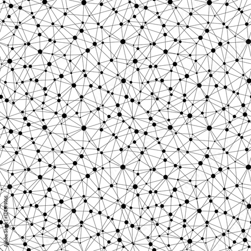 Vector monochrome seamless pattern  geometric background texture with linear triangles   circles. Illustration of atomic structure  net. Design for tileable print  wallpaper  fabric  textile  web