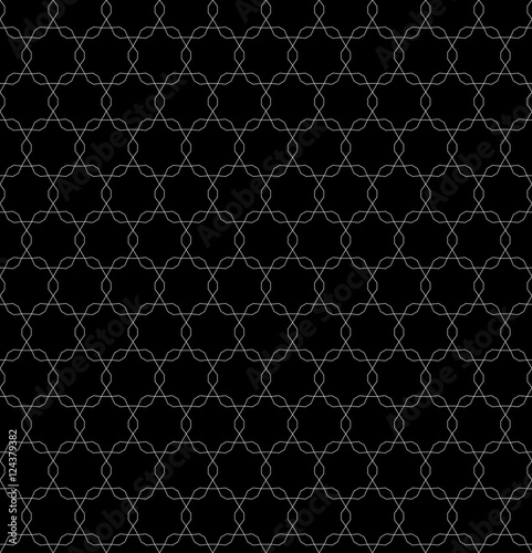 Vector monochrome seamless pattern, repeating geometric tiles, ornamental tracery texture. White shapes on black background. Dark endless texture. Design for tileable print, wallpaper, digital, web