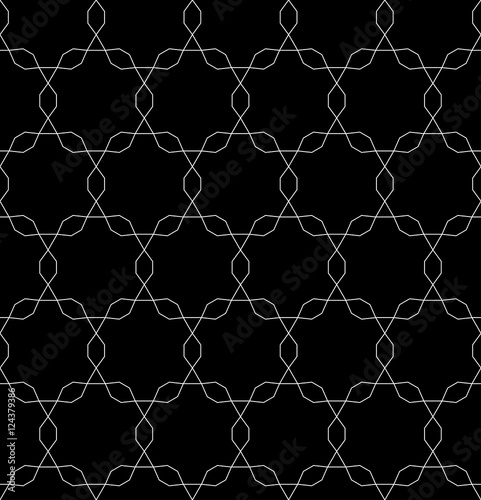 Vector monochrome seamless pattern, repeating geometric tiles, ornamental tracery background, black & white. Dark endless texture. Design for tileable print, wallpaper, fabric, cloth, textile, web