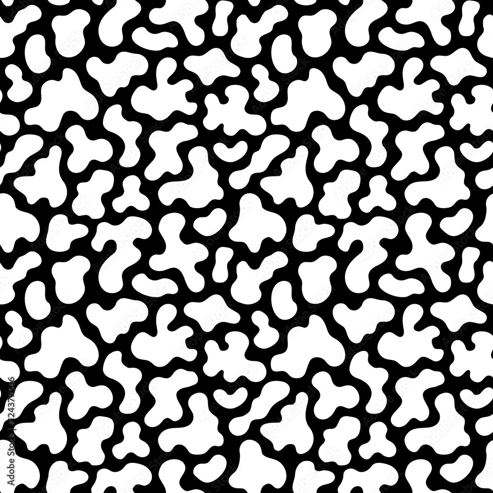 Vector monochrome seamless pattern, white camouflage spots on black background. Simple abstract endless texture of animal skin, doodle style. Design element for fabric, prints, textile, web, digital