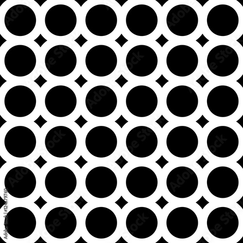 Vector monochrome seamless pattern, repeat geometric tiles, background with circles & rhombuses. Simple abstract endless texture. Design element for prints, identity, cover, decor, textile, digital