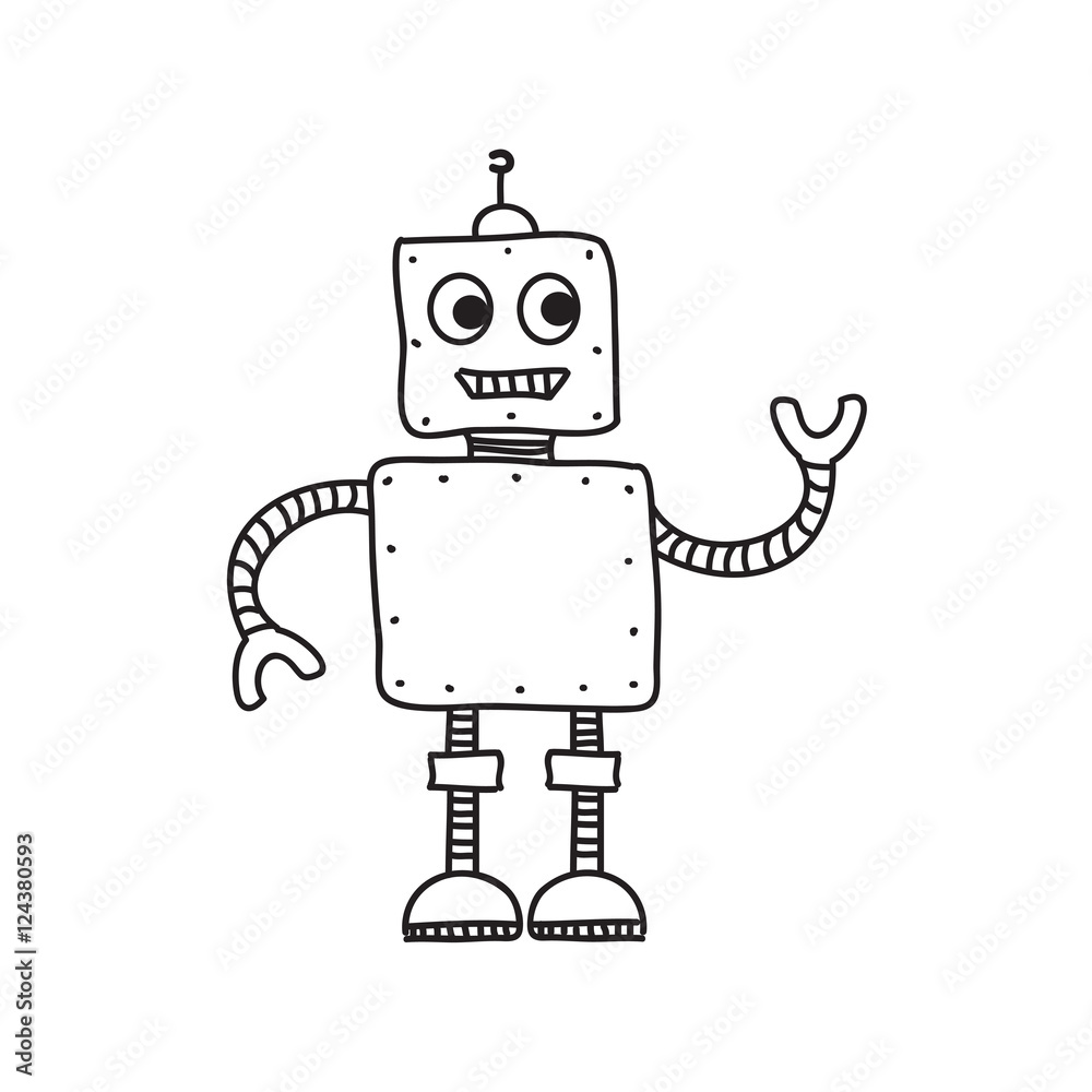 Cartoon robot isolated on white, hand drawn vector illustration, doodle  style picture. Sketch design elements for banner, flyer, card, collage.  Stock-vektor | Adobe Stock