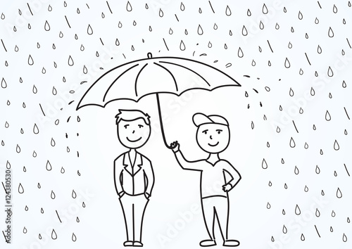 Hand drawn sketch vector illustration, two cartoon men under umbrella. Illustration about professional work, care about customers, business safety