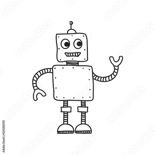 Cartoon robot isolated on white, hand drawn vector illustration, doodle style picture. Sketch design elements for banner, flyer, card, collage.