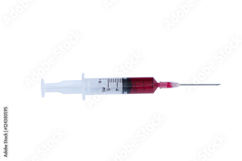 syringe with drop red blood liquid isolated on white background.