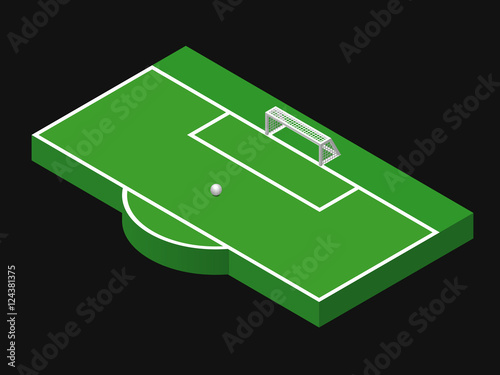 3D isometric illustration of football goal, part of football field, penalty area with ball. Vector illustration isolated on black. Soccer pitch, sport theme, editable element for banner, infographics