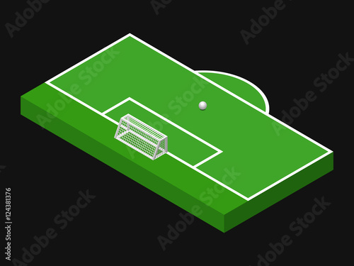 3D isometric illustration of football goal, part of football field, penalty area with ball. Vector illustration isolated on black. Soccer pitch, sport theme, editable element for your designs