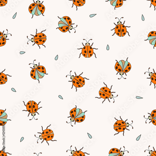 Seamless cute vector pattern with ladybugs