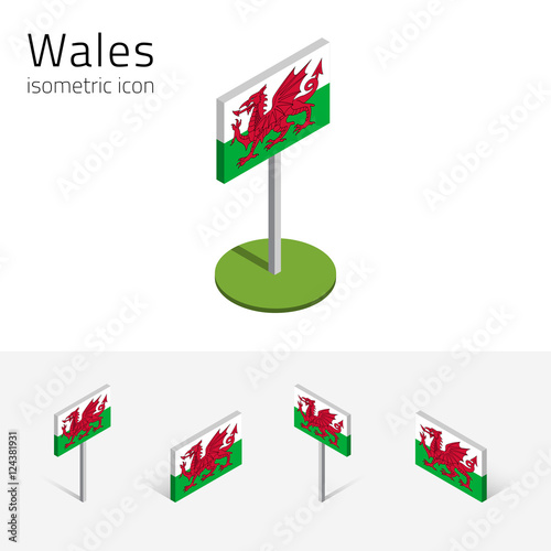 Flag of Wales (United Kingdom), vector set of isometric flat icons, 3D style, different views. Editable design elements for banner, website, presentation, infographic, poster, map, collage. Eps 10