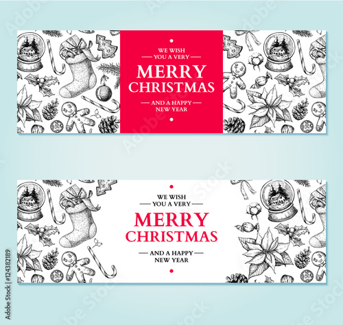 Christmas banner. Vector hand drawn illustration Xmas plants and
