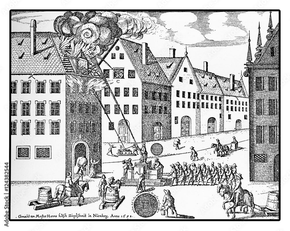 Fototapeta premium Nuremberg, Germany, XVII century, fighting flames on a roof with water hoses