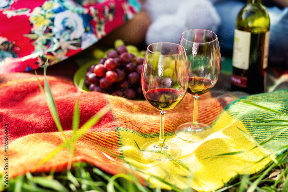 picnic on the grass, picnic, wine, glasses, bottle of wine, grapes, a young couple sitting on a plaid, sunny summer, romantic mood