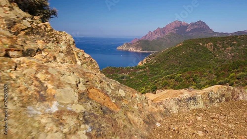 View from famous D81 coastal road with view of Golfe de Girolata from Bocca Di Palmarella, Corsica, France, Europe
 photo