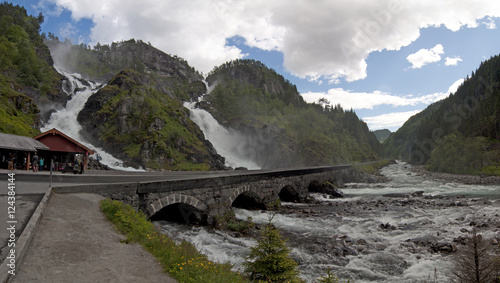 Latefossen.  Latefossen or Latefoss is a waterfall located in the municipality of Odda in Hordaland County, Norway. photo