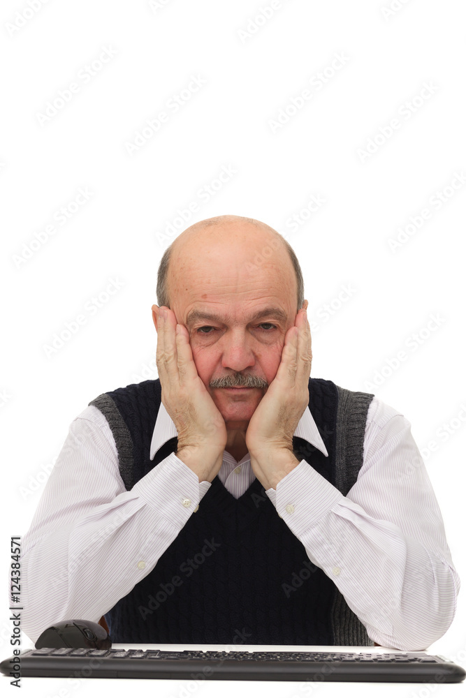 elderly man on white background thoughtfully rubs his cheeks in elderly man on white background thoughtfully rubs his cheeks in