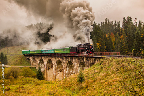 Steam train on the viaduct in the moyntains
