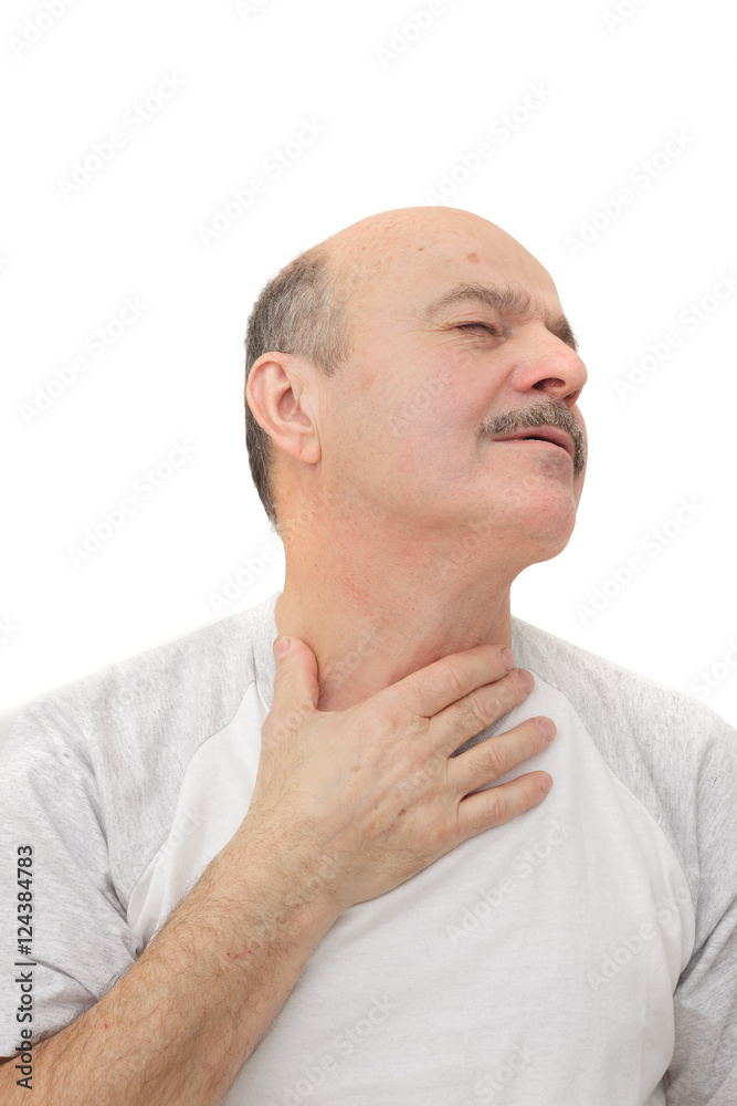 Fototapeta premium Man has sore throat infection and colds. Respiratory disease in older age