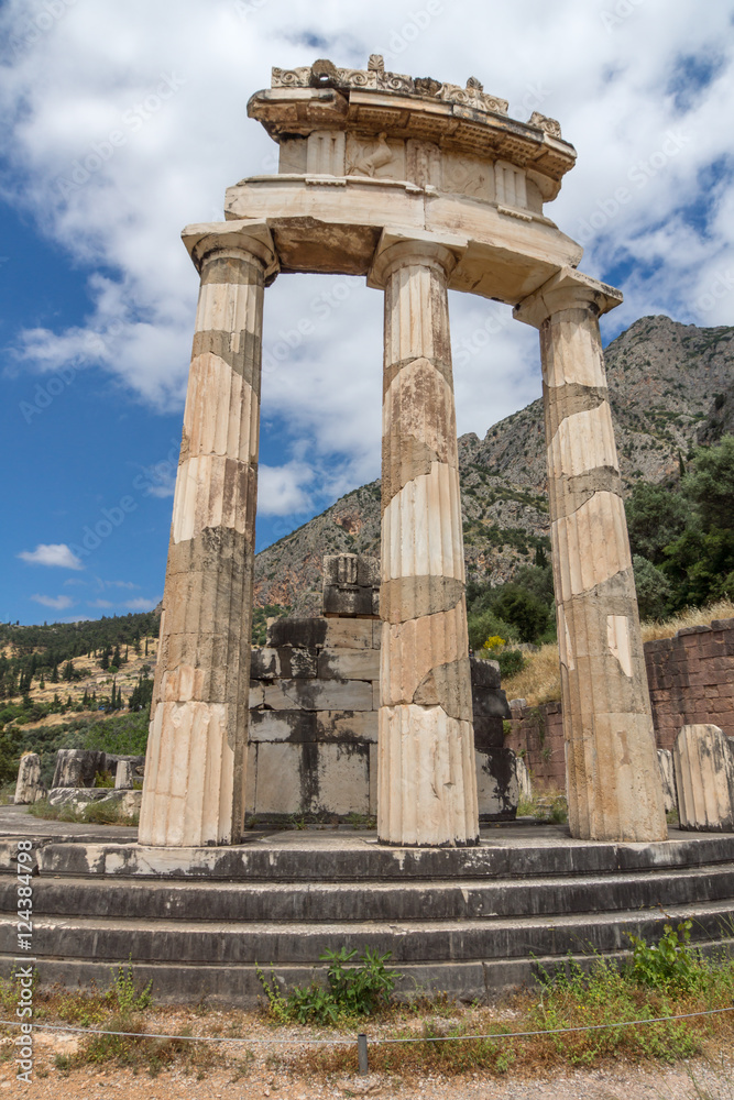 Frontal view Athena Pronaia Sanctuary at Ancient Greek archaeological site of Delphi, Central Greece