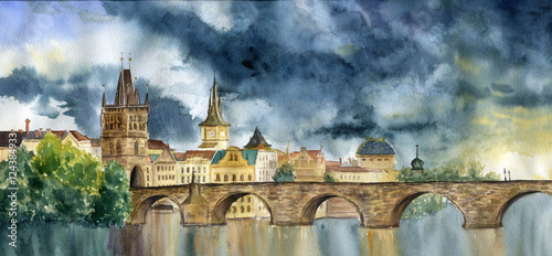 Watercolor hand painting Praha and Karlov most. Illlustration with Tower and the bridge, view of the city. 