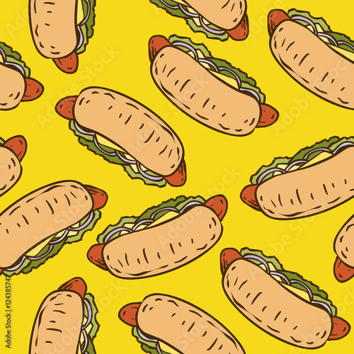 Seamless Pattern with Tasty Hot Dog