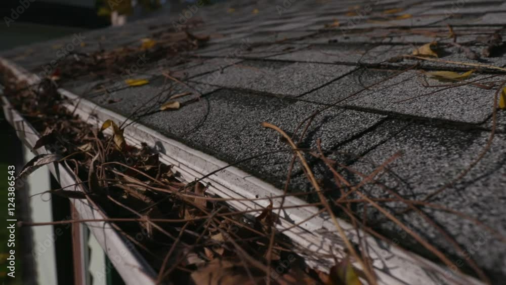 Lowering From Roof Shingles to Clogged Gutter. a lowering shot from the grey shingles on a
