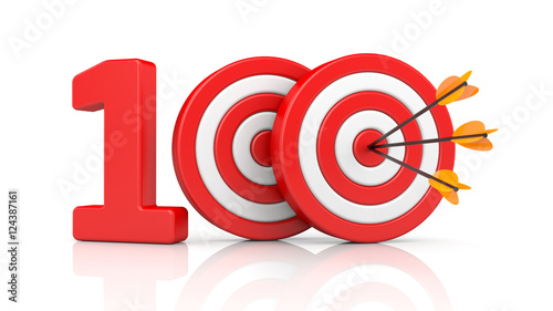 Red stripe targets with arrow form the red number 100. Accurate shot metaphors. 3d illustration