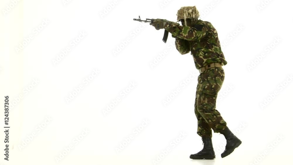 Armed soldiers, walk back. White backgraund Armed soldiers, walk back. White backgraund
