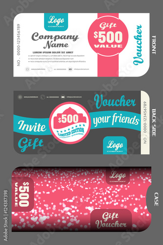 Blank of stylish gift voucher with case vector illustration to increase sales on dark gray, white and pink background.