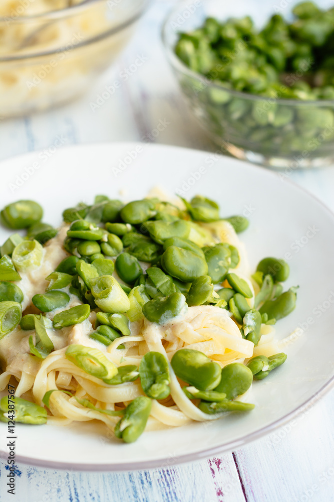 Pasta with Creamy Herbed Sauce and Fava Beans