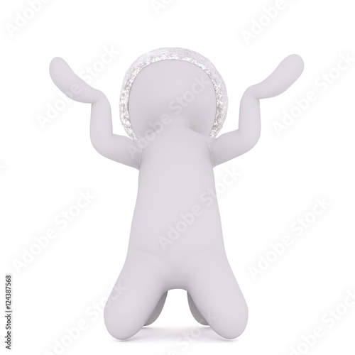 3D figure in hat with both hands up in the air