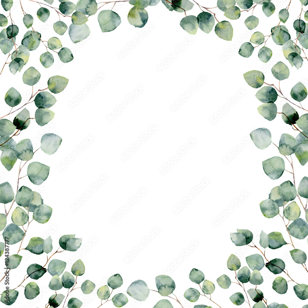 Watercolor green floral frame card with eucalyptus round leaves. Hand ...